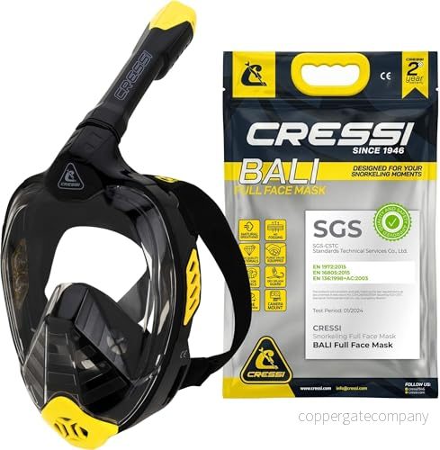 CRESSI Bali Full Face Mask Black/Yellow L/XL Snorkelmask Unisex Integral, Bred Klar Sikt, Anti fog system, Lätt att Andas, Torrsnorkel med Flytventil, Justerbar Rem, Svart/Gul, 8022983257471