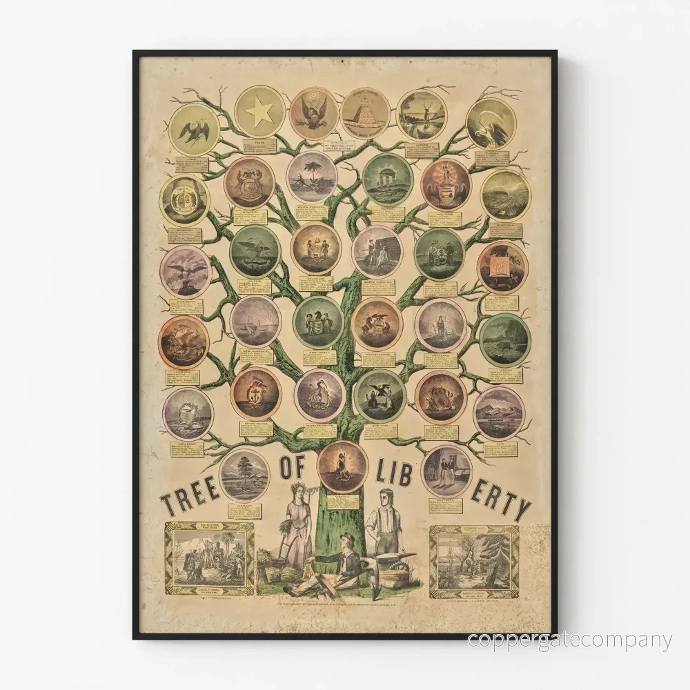 Vintageposter av Frihetsstatuen med delstatsvapen i USA