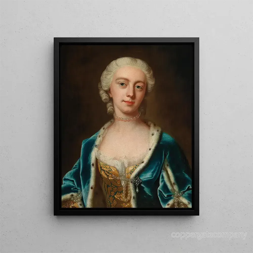 Målning av Augusta, Wales prinsessa, bärande pärlor och en blå cape fodrad med hermelin - Barthélemy du Pan | Konsttryck