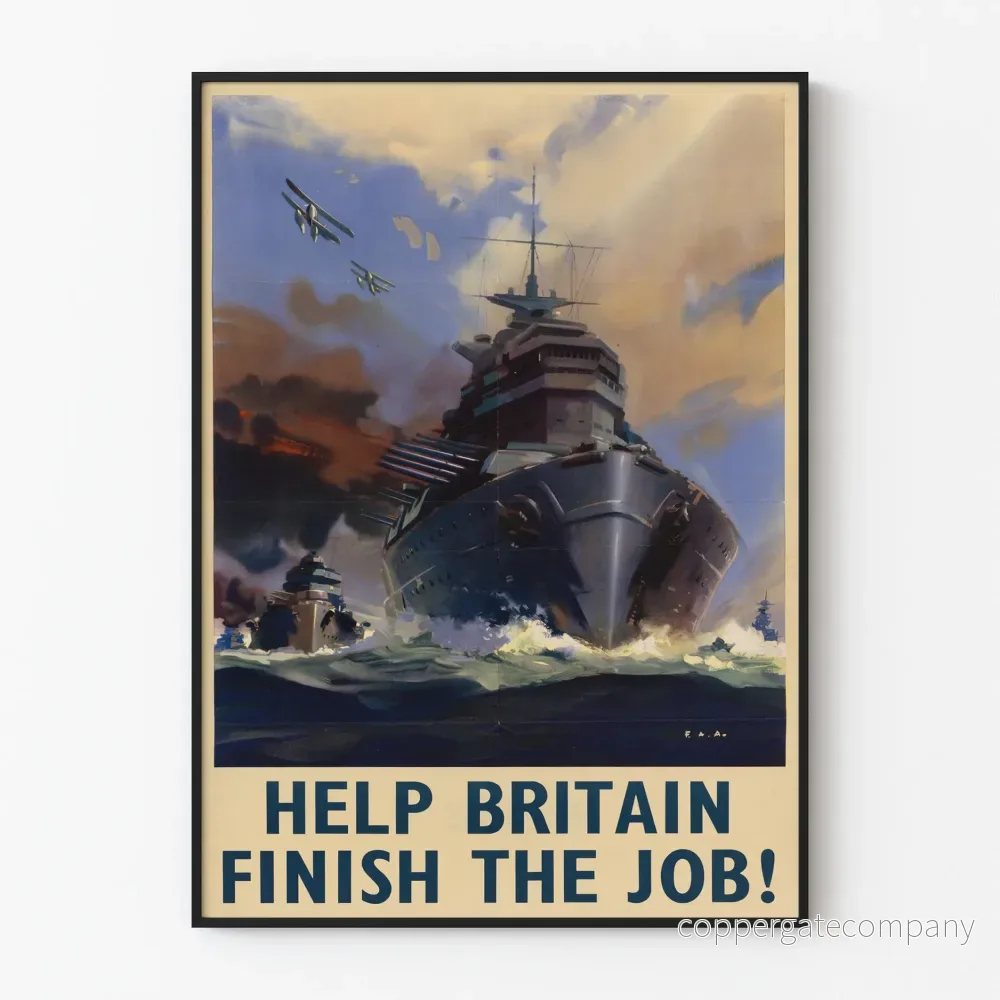 Brittiskt militärt propagandaposters med slagskepp och flygplan