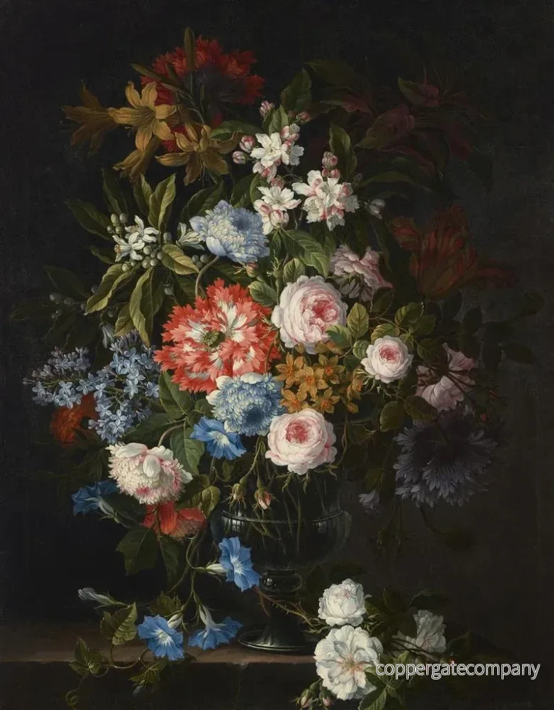 Målning av rosor, ljus, tulpaner, påskliljor, daggkåpor och andra blommor i en glasvas på en stenbänk - Antoine Monnoyer | Konsttryck - Bild 2