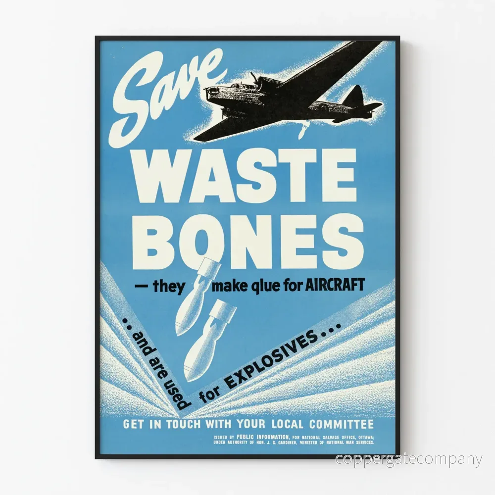 Vintageaffisch Save Waste Bones väggdekoration flygplan och ammunition
