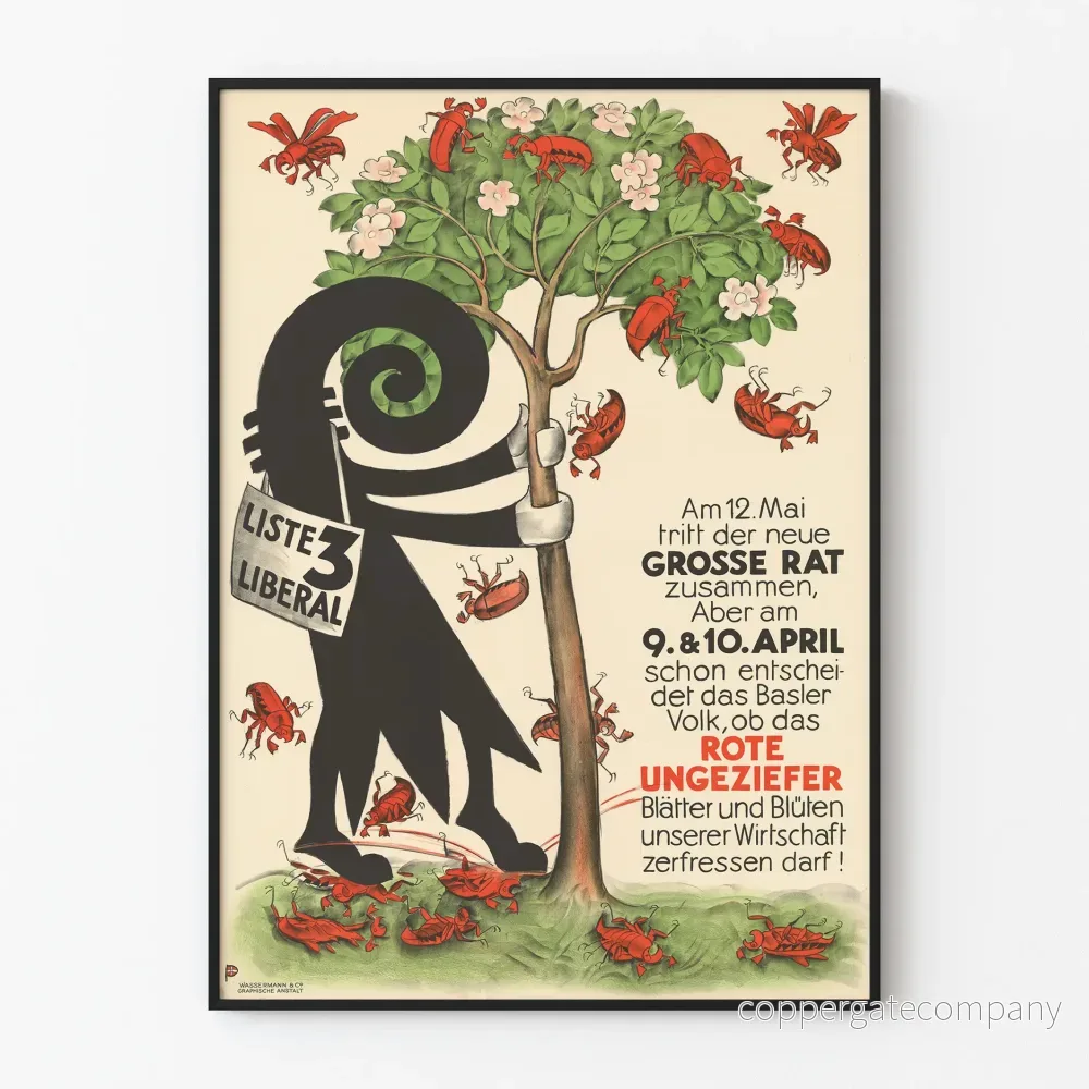 Vintage politisk poster Lista 3 Liberal med illustration av träd och röda insekter