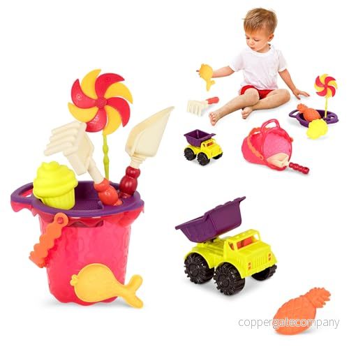 B. toys by Battat, sandleksak 9 delar med hink sandlåda, leksak, strand, lekplats spade, sil, sandformad, lutande leksak från 18 månader, flerfärgad, BX1331Z 793631351299