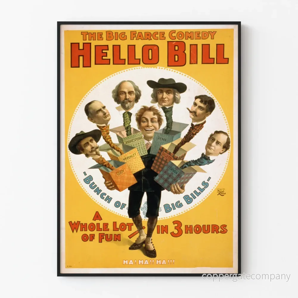 Vintageaffisch för teaterkomedi Hello Bill