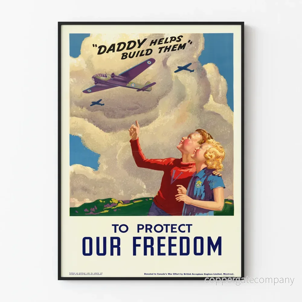 Vintage patriotisk poster 'Daddy Helps Build Them' för att skydda friheten