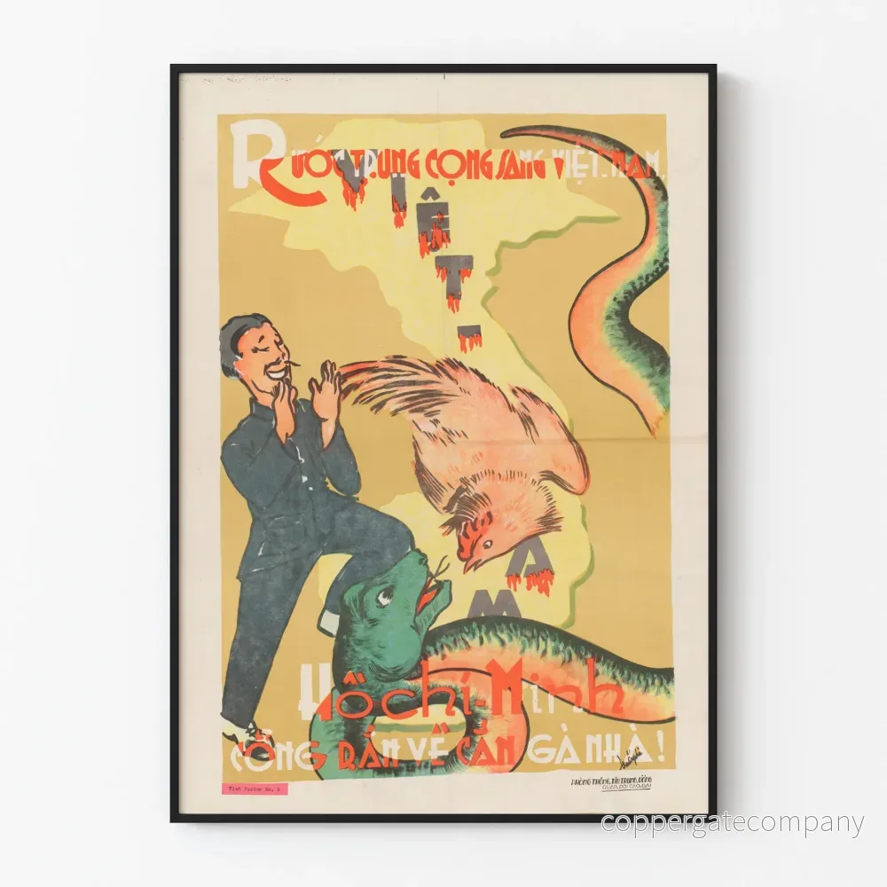 Vintage vietnamesisk propagandaposter med figur och symboliska djur