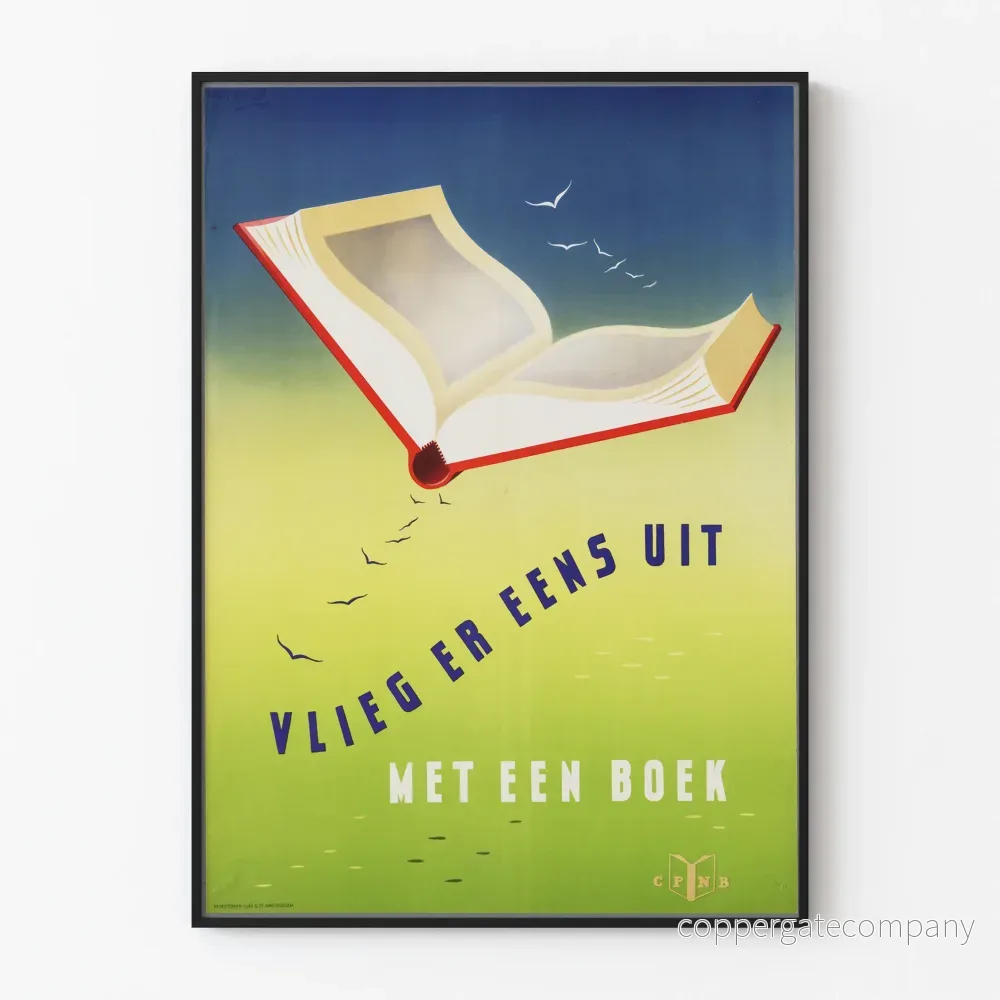 Vintageposter Flyga med en bok - Litterär väggdekoration