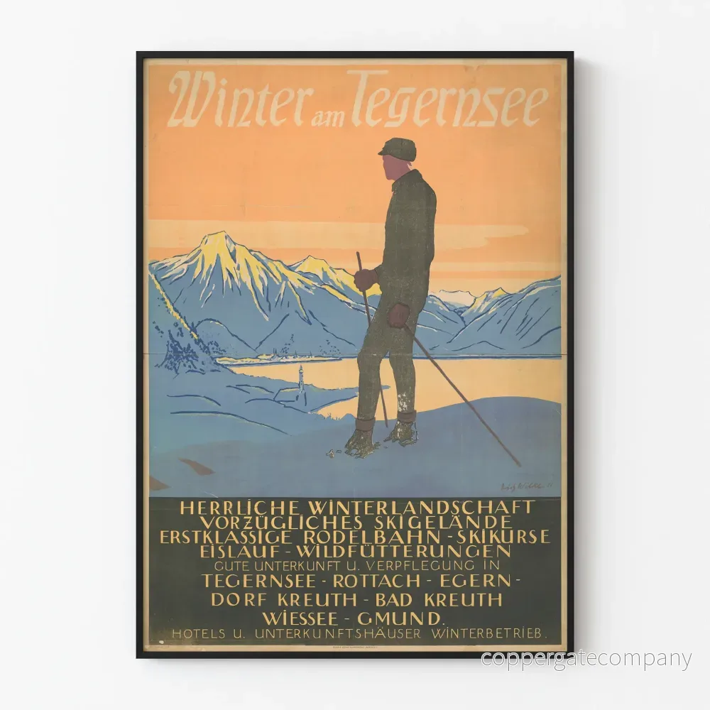 Vintage vinterposter vid Tegernsee - väggdekoration med vinterberg