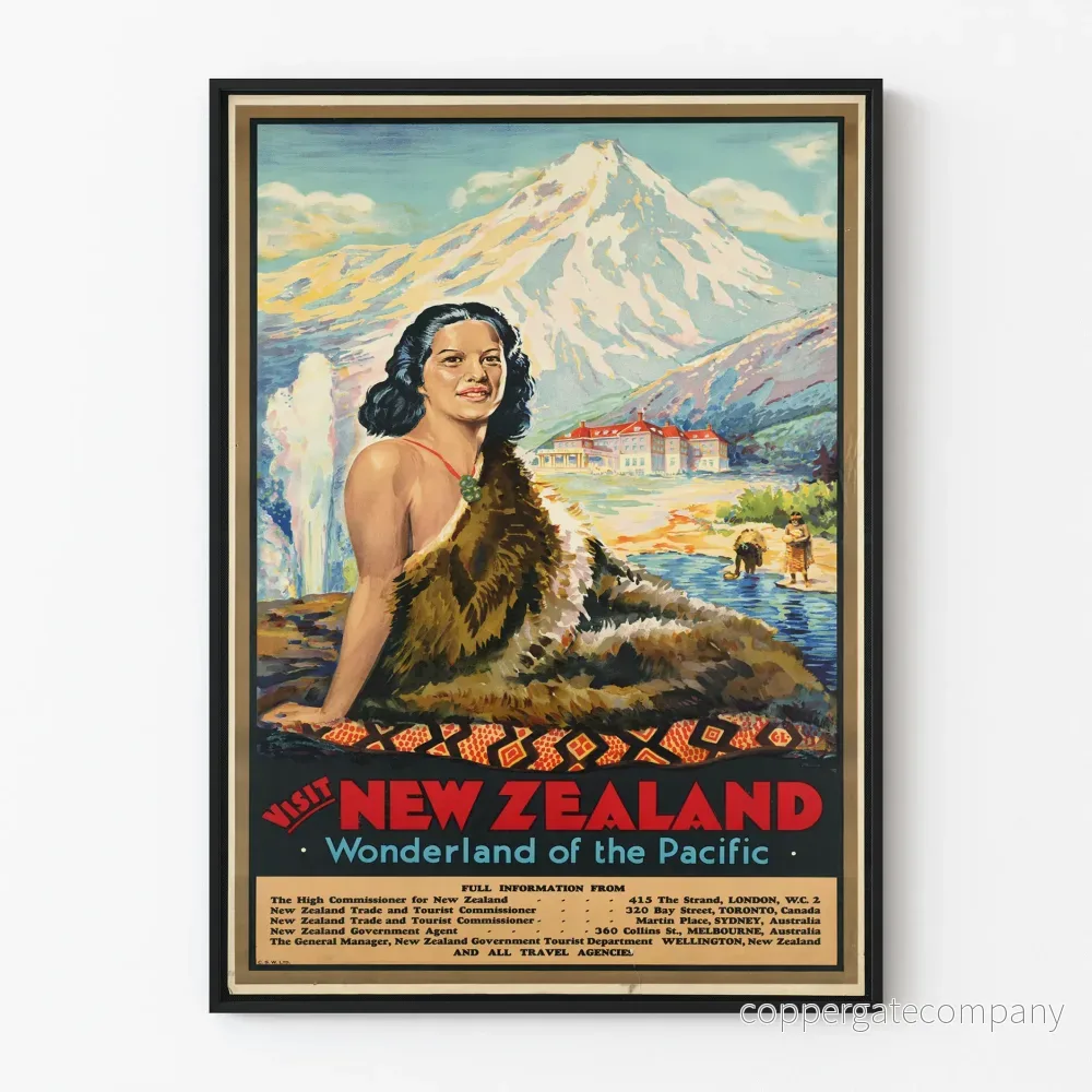 Vintageposter Visit Nya Zeeland Underlandet i Stilla havet