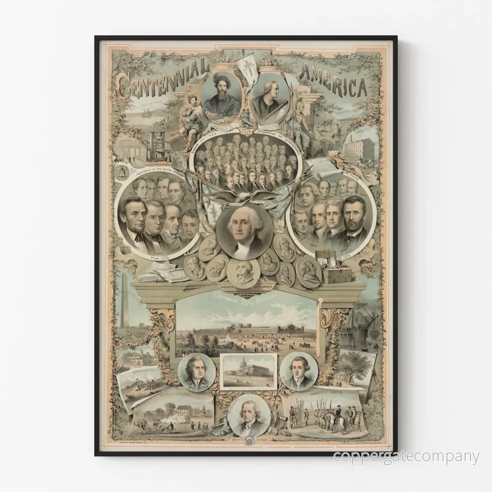 Historisk poster ”Centennial America” som föreställer nyckelfigurer och viktiga händelser i USA Historisk poster ”Centennial America” som föreställer nyckelfigurer och viktiga händelser i USA