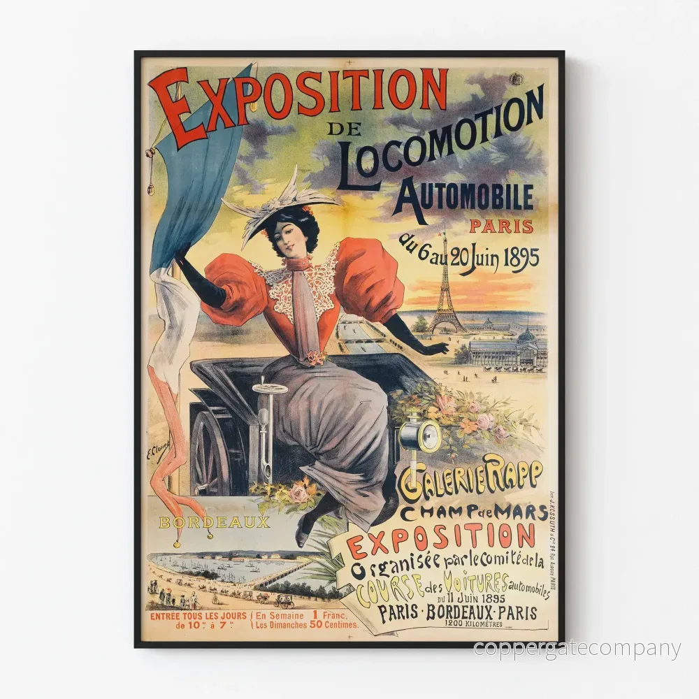 Vintageposter för utställningen av automobilens rörelse i Paris 1895