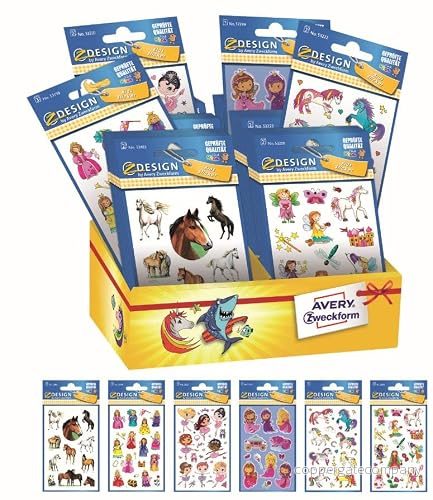 Avery España 48664 Sortiment 60 dekorativa självhäftande klistermärken, för flickor, 6 Olika Fantasier, Klistermärken på kartongutställare 4004182486641