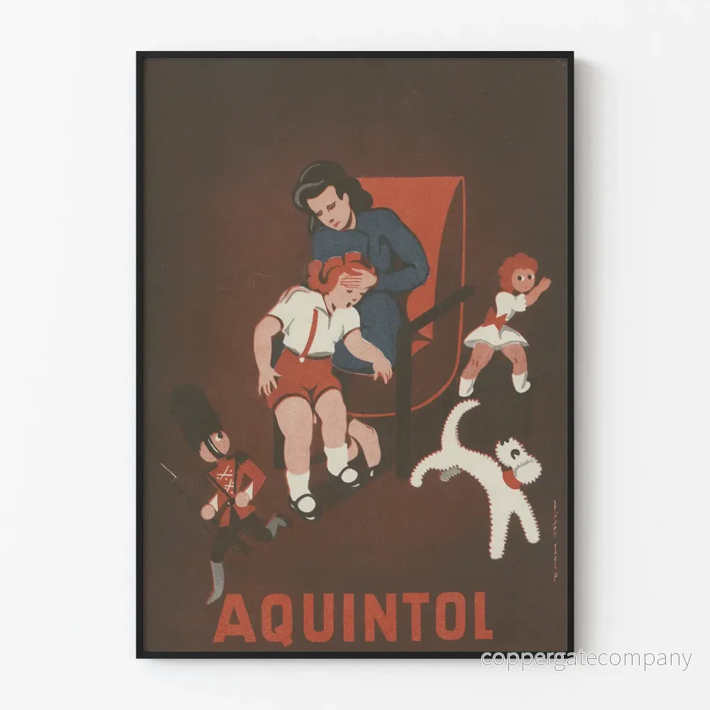 Vintage dekorativ poster Aquintol med barnsliga figurer och dockor