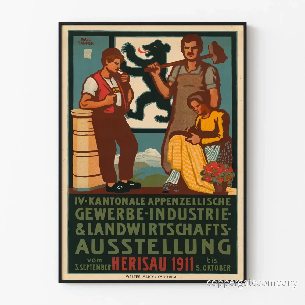 Vintageposter för utställning inom industri och jordbruk i Herisau 1911