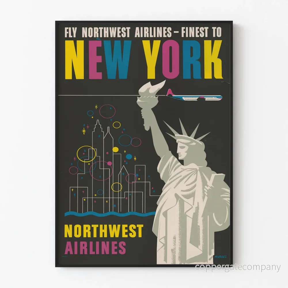 Vintageaffisch Northwest Airlines New York med Frihetsgudinnan