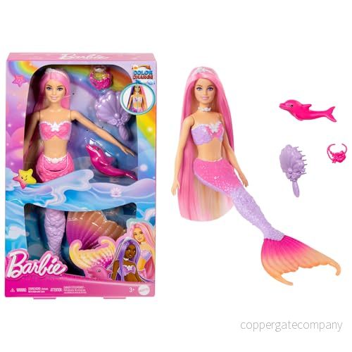 Barbie sjöjungfrudocka, Malibu med rosa hår, stylingtillbehör, delfin som husdjur och vattenaktiverad färgförändringsfunktion, HRP97 194735183630
