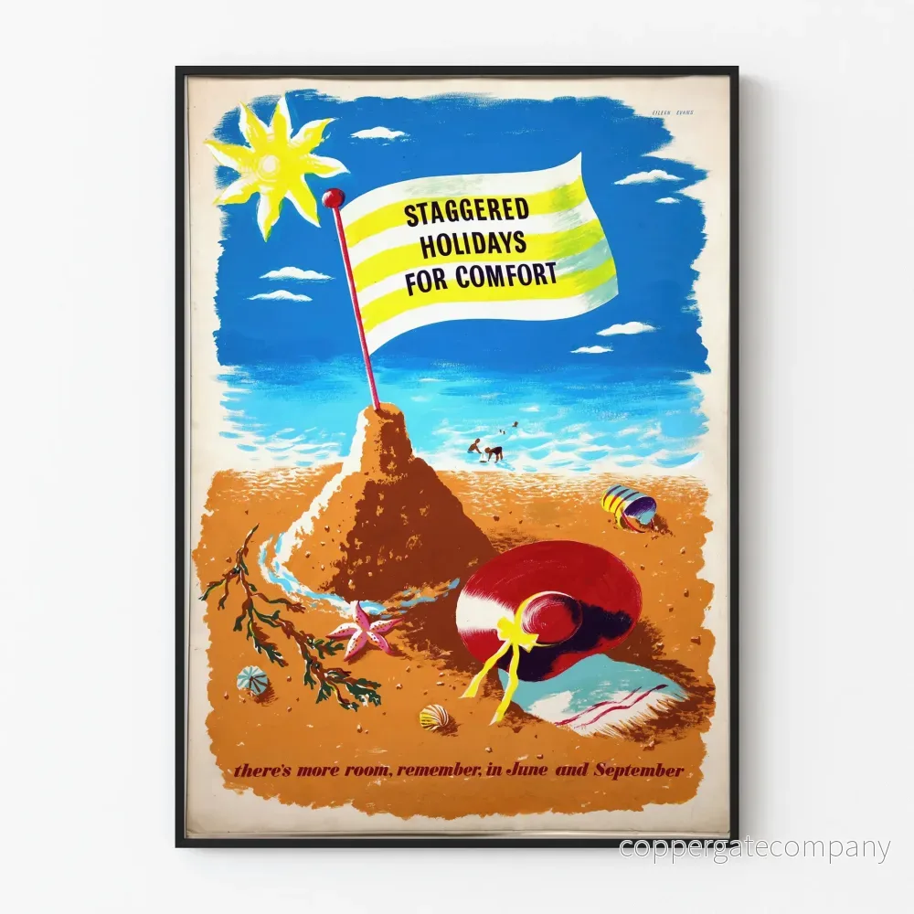 Vintageposter med semester, avvikande motiv, strand och komfort