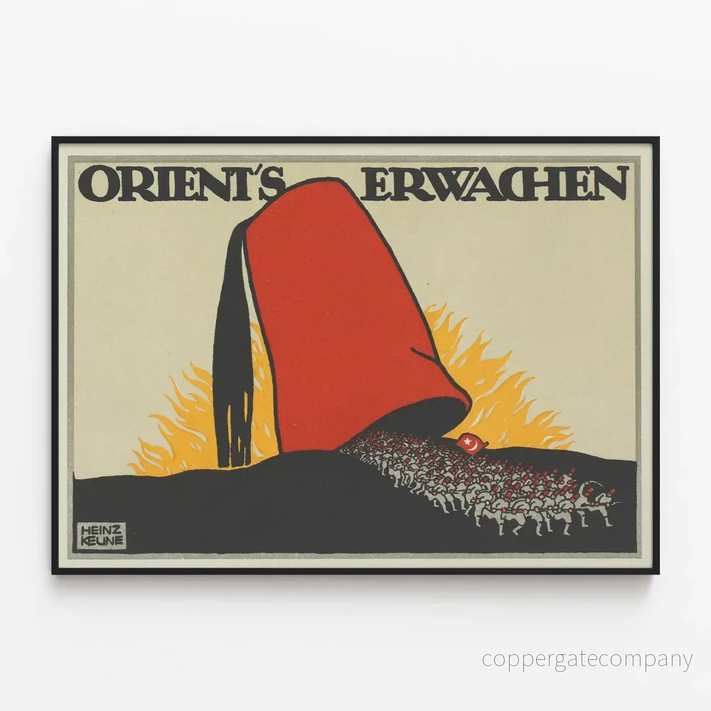 Vintageaffisch Orient's Erwachen med röd fez och folkmassa-silhuett