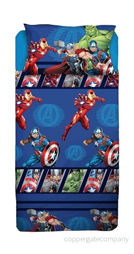 Avengers set för enkelsäng, med Disney, överlakan hörn, örngott, blå, Marvel, Disney (100% bomull, officiell) 8300252074487