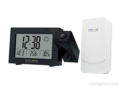 Explore Scientific RPW3008, Projektorklocka med radiostyrd tid och väderprognos, dubbelt larm, USB port för laddning av telefon, intern temperatursensor ingår, svart 4007922063317