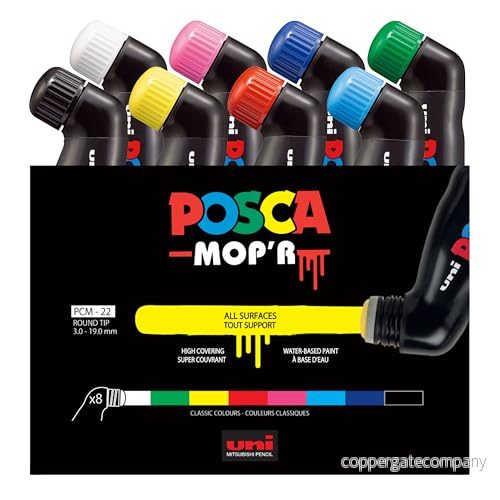 POSCA MOP'R PCM 22 vattenbaserade permanenta färgmarkörer. Rund spets för konst och hantverk. Användning med flera ytor på trä metall papper kanvas kartong glastyg keramik sten gren porslin. Låda 4902778285671