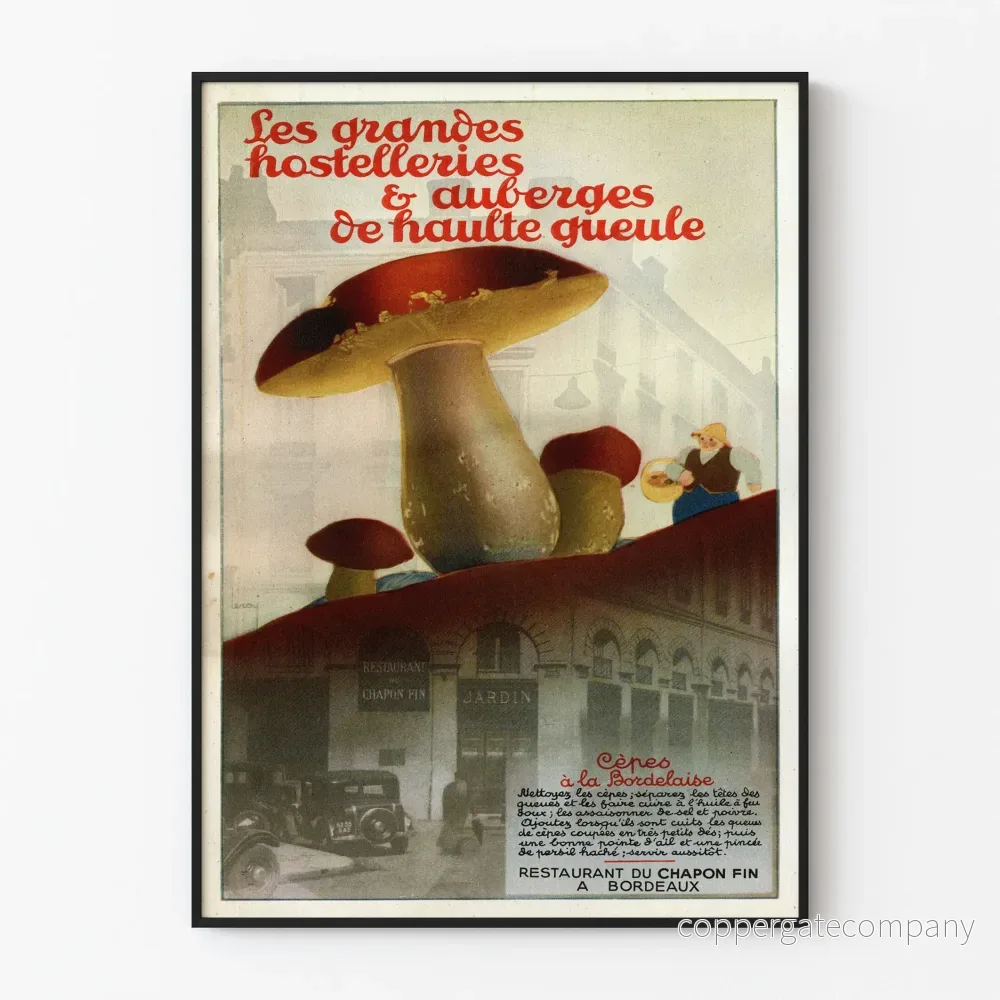 Vintageposter för Restaurang du Chapon Fin Bordeaux - Väggdekoration med svampar och karljohan