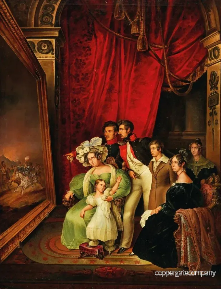 Målning Kung Ludvig I av Bayern och hans familj granskar tillsammans konsttrycket Entrée du roi Otton de Grèce à Nauplie av Peter von Hess 1835 - Anonym - Bild 2