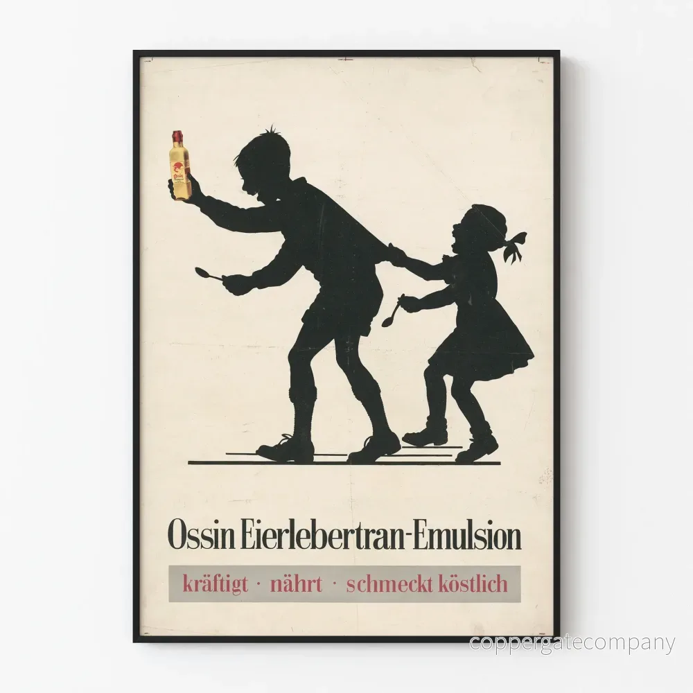 Vintageposter med silhuett av barn Ossin Eierlebertran-Emulsion