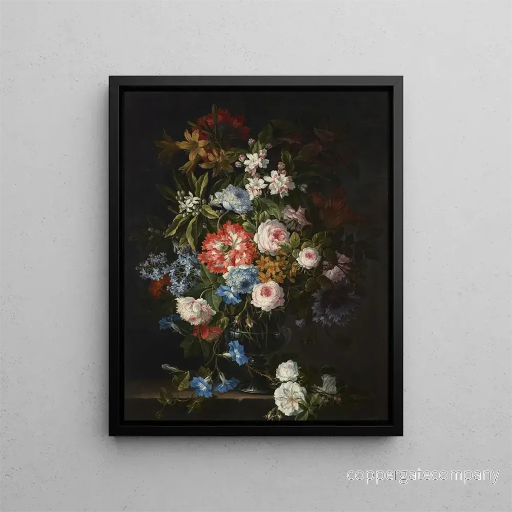 Målning av rosor, ljus, tulpaner, påskliljor, daggkåpor och andra blommor i en glasvas på en stenbänk – Antoine Monnoyer | Konsttryck Målning av rosor, ljus, tulpaner, påskliljor, daggkåpor och andra blommor i en glasvas på en stenbänk – Antoine Monnoyer | Konsttryck