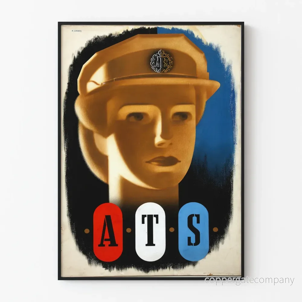 Vintageaffisch med kvinnoporträtt av ATS i militärkeps