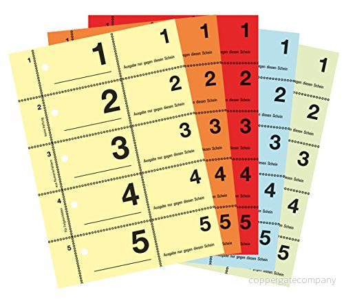AVERY Zweckform 867 5 garderobsnummer (A6, 2 500 numrerade rivningar på 1500 per block, 100 stycken vardera i en annan färg, block med nummer vardera) gul, orange, röd, blå, grön 4004182205389