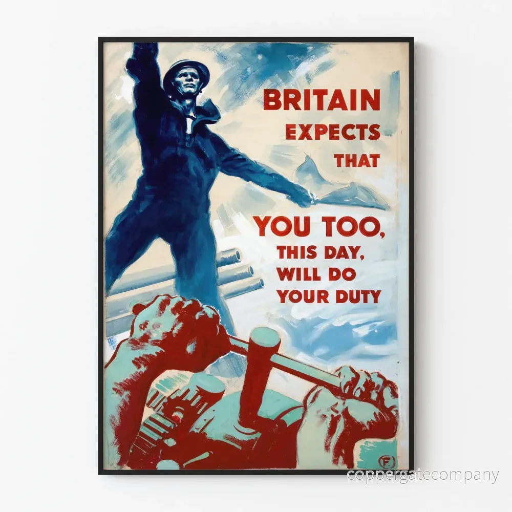 Vintage brittisk propagandaposter med sjöman och slogan