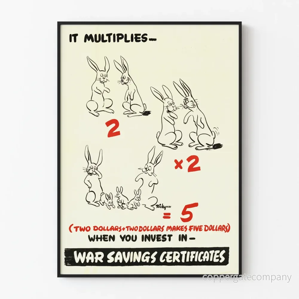 Vintage poster för väggdekoration med krigsbesparingscertifikat och illustrerade kaniner