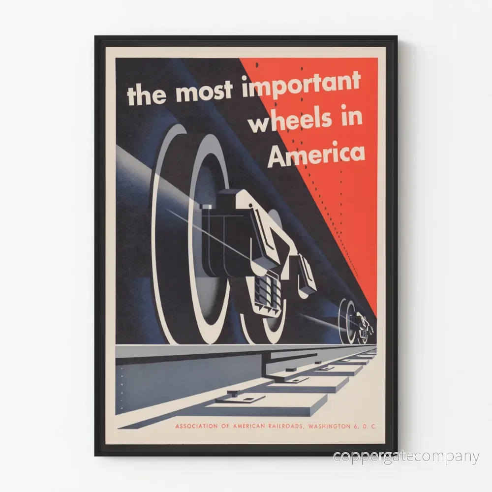 Vintageposter 'The Most Important Wheels in America' väggdekoration för järnväg