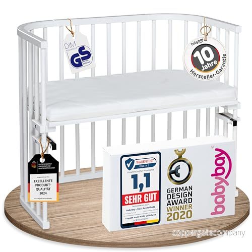 babybay Maxi extra stor extrasäng i massivt bokträ/barnsäng, höjd, steglöst justerbar och miljövänlig/med madrass, klassisk mjuk (vitlackerad) 4260472559505