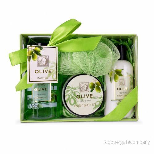 Accentra duschset kvinnor presentset OLIVE i en vacker presentförpackning 4 delat vårdset med duschgel, bodylotion, body butter och nätsvamp wellness för födelsedag 4015953692406
