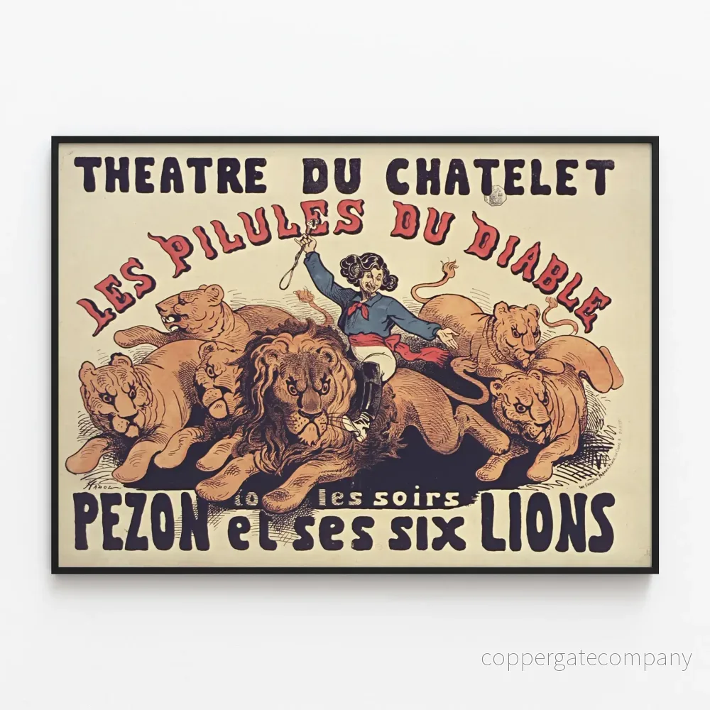 Vintageposter från Théâtre du Châtelet: "Les Pilules du Diable" och "Pezon" med sina sex lejon