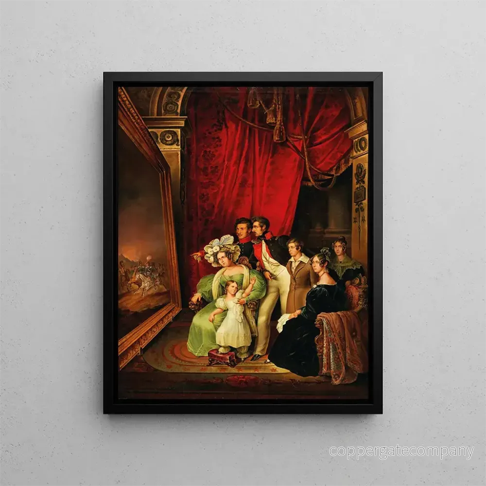 Målning Kung Ludvig I av Bayern och hans familj granskar tillsammans konsttrycket Entrée du roi Otton de Grèce à Nauplie av Peter von Hess 1835 - Anonym