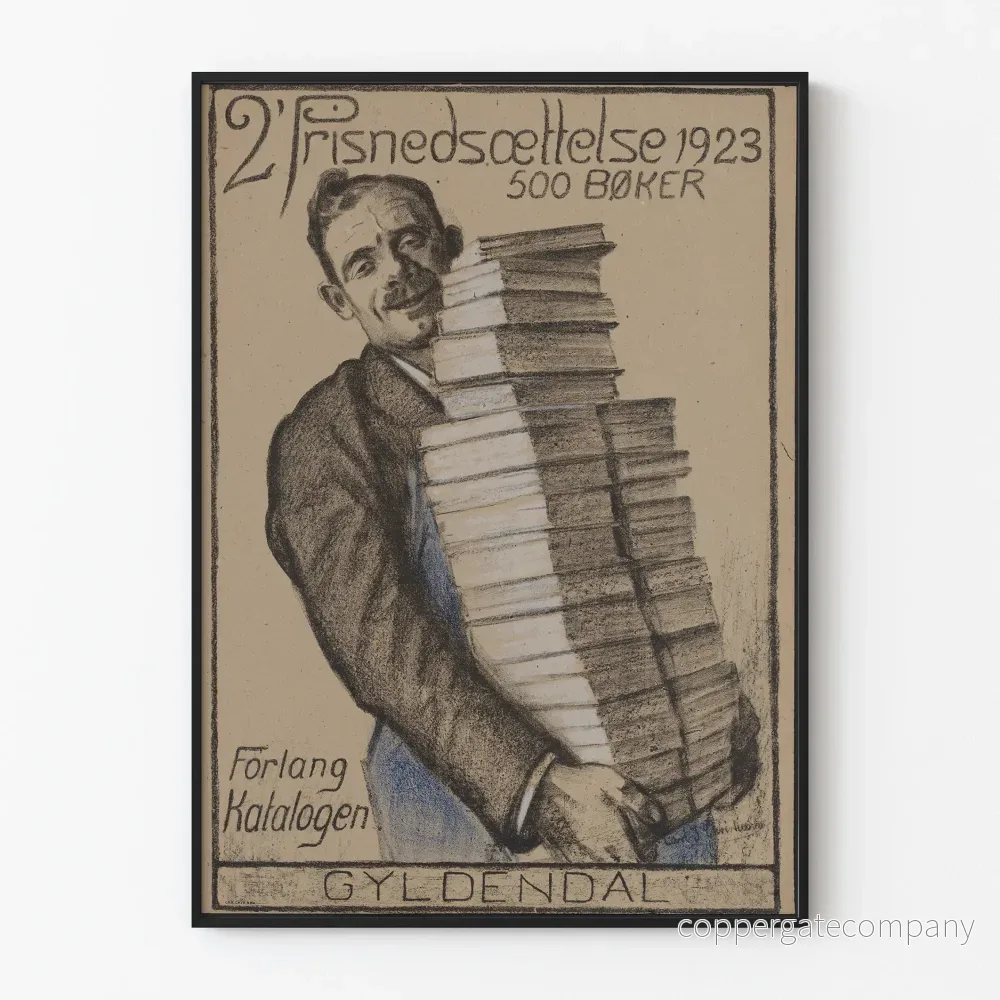 Vintageposter 1923 - Man som bär en hög av böcker för Gyldendal