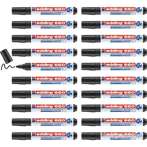 edding 660 whiteboardmarkör, svart 20 markörer, rund spets 1,53 mm, raderbar tuschpenna, för whiteboardtavlor, memo och konferensstaffli, påfyllningsbar 4057305011114