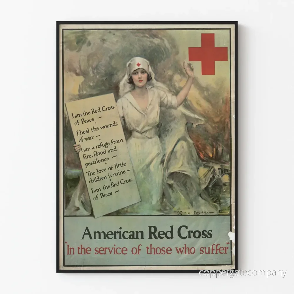 Vintageposter av den amerikanska Röda Korset i tjänst för de sårade