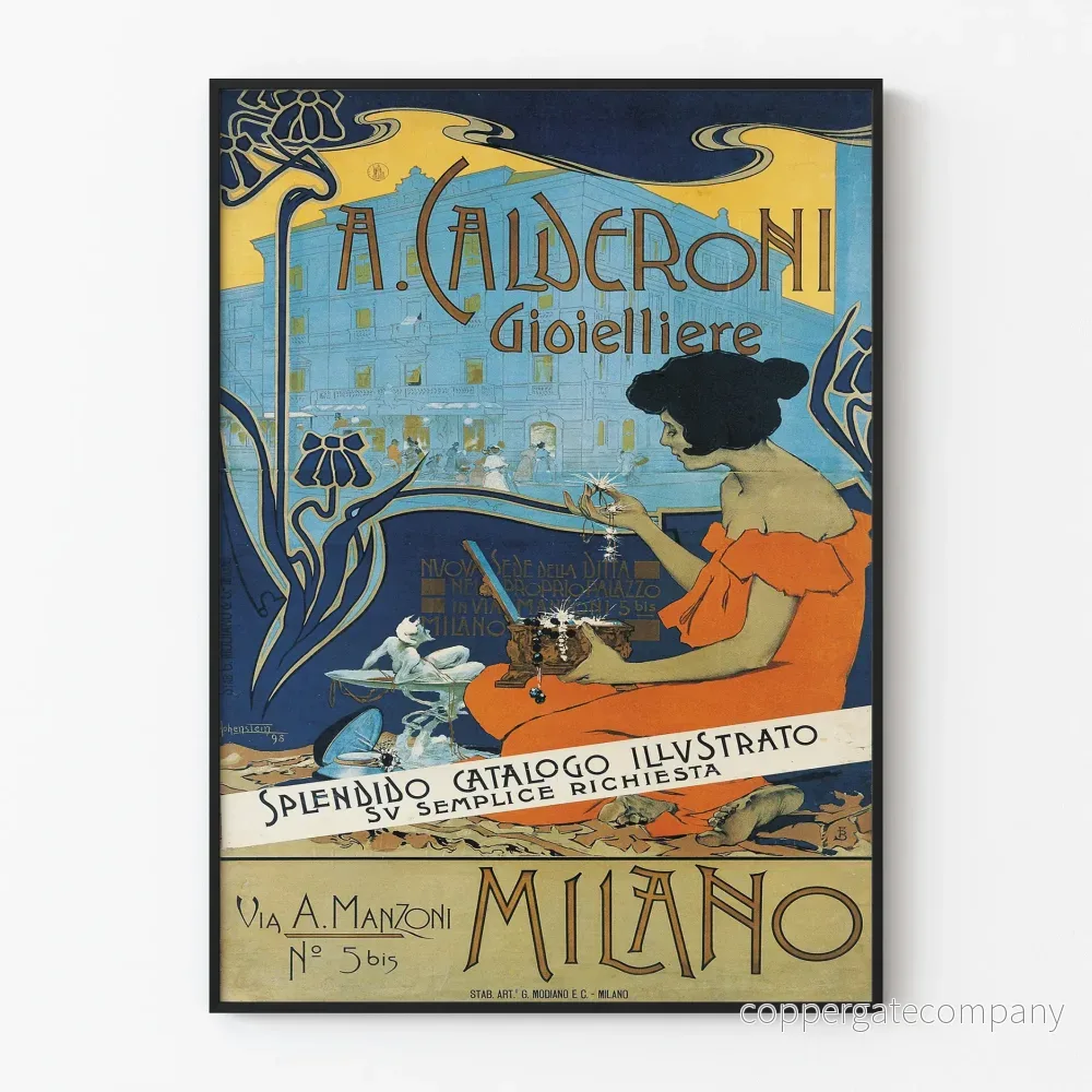 Art Nouveau-annonseringsposter A. Calderoni juvelerare i Milano
