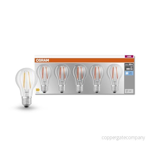 OSRAM LED BASE Classic A60, klara lampor av glas för E27 sockel, glödlampsform, kallt vitt (4000K), 806 lumen, ersätter vanliga 60W lampor, låda med 5 st. 4058075466517