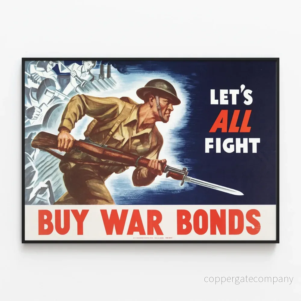 Propagandaposter för militär verksamhet ’Låt oss alla kämpa – Köp krigsobligationer’ Propagandaposter för militär verksamhet ’Låt oss alla kämpa – Köp krigsobligationer’