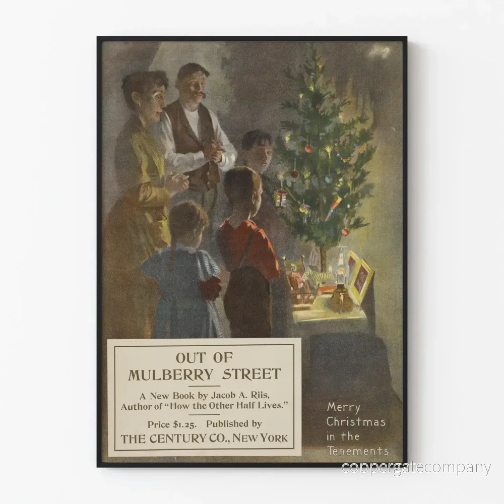 Vintageaffisch med familjekänsla och julstämning med upplyst gran