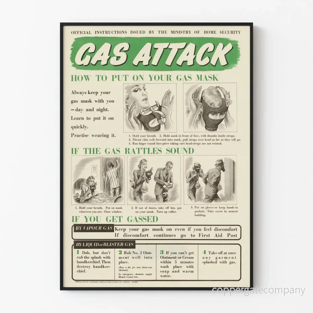 Vintage affisch med instruktioner för gasmask för inomhussäkerhet