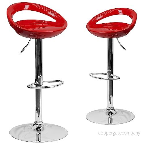 Flash Furniture 2 pack samtida plast justerbar höjd barstol med rundad utskärning baksida och krombas, ABS, metall, röd, set 847254072700