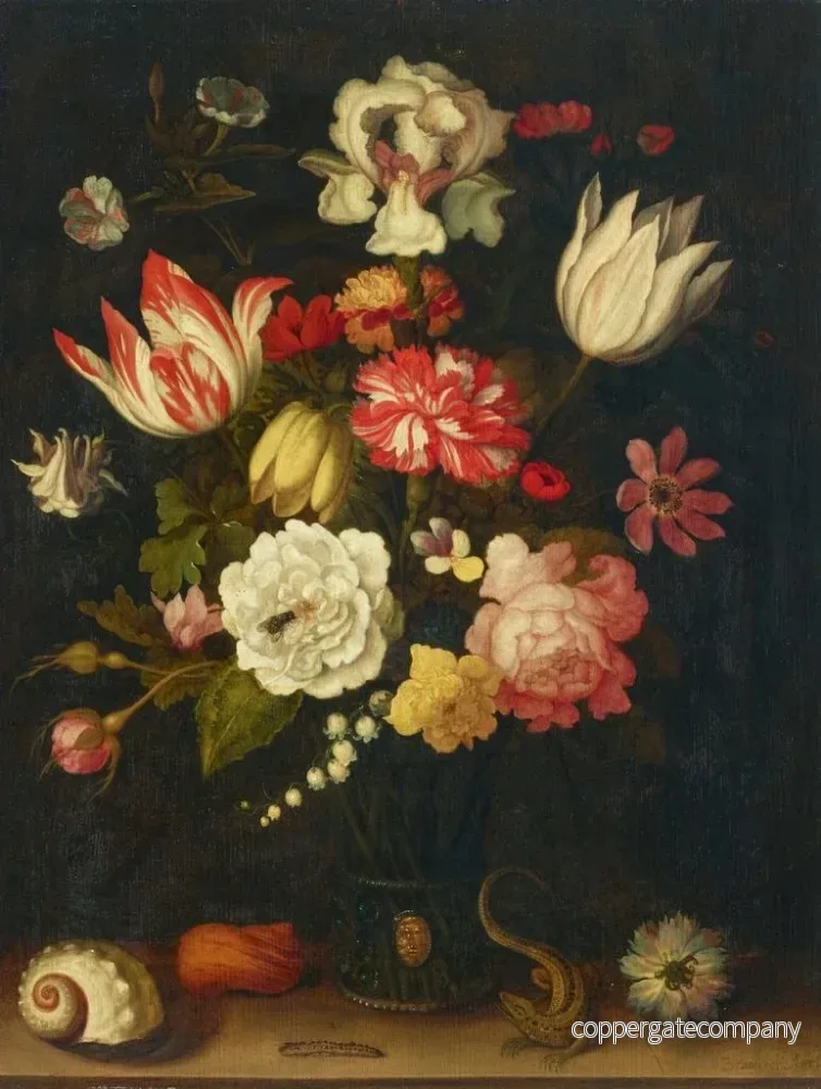 Målning Tulpaner, nejlikor, rosor och andra blommor i en römer med snäckor och en ödla på en kant - Balthasar van der Ast | Konsttryck - Bild 2