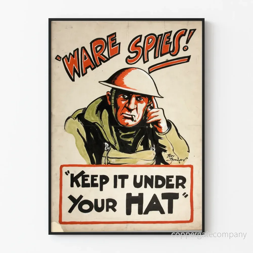 Vintage krigsaffisch "Ware Spies - Keep It Under Your Hat" för väggdekoration
